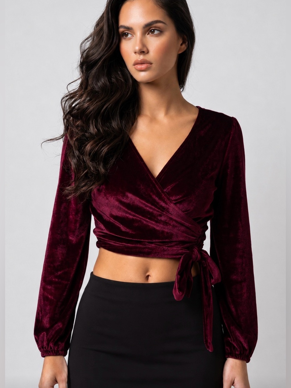 Petal & Pup Burgundy Velvet Wrap Crop Top